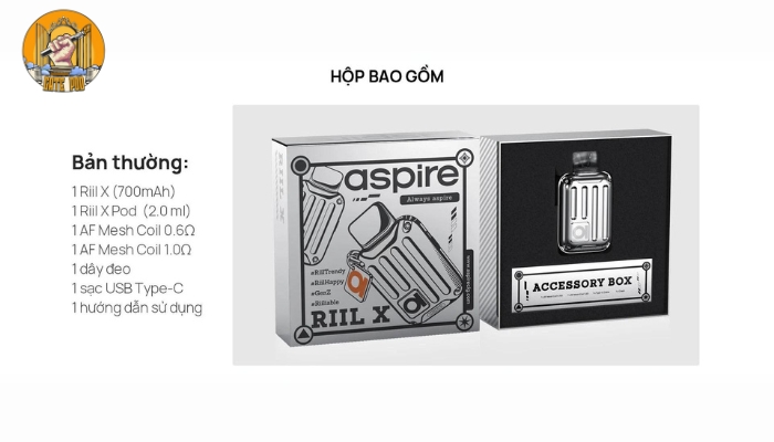 Trọn bộ sản phẩm Aspire Riil X Pod gồm các phụ kiện đơn giản